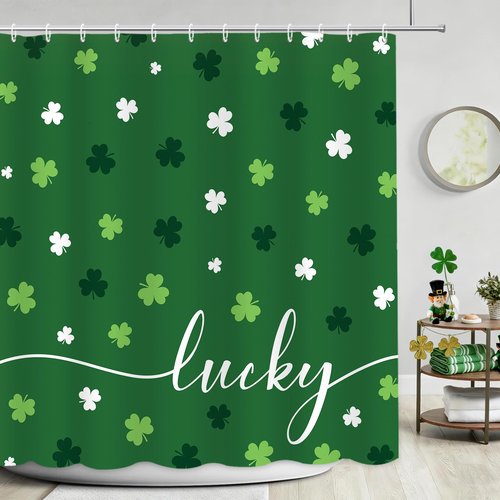 APROPHIC St. Patrick's Day Shower Curtain, Lucky Shamrocks Green White St Patricks Day Curtains for Bathtub Bathroom, Irish Festival Decorations Waterproof Shower Curtain with 12 Hooks 72 X 72 in