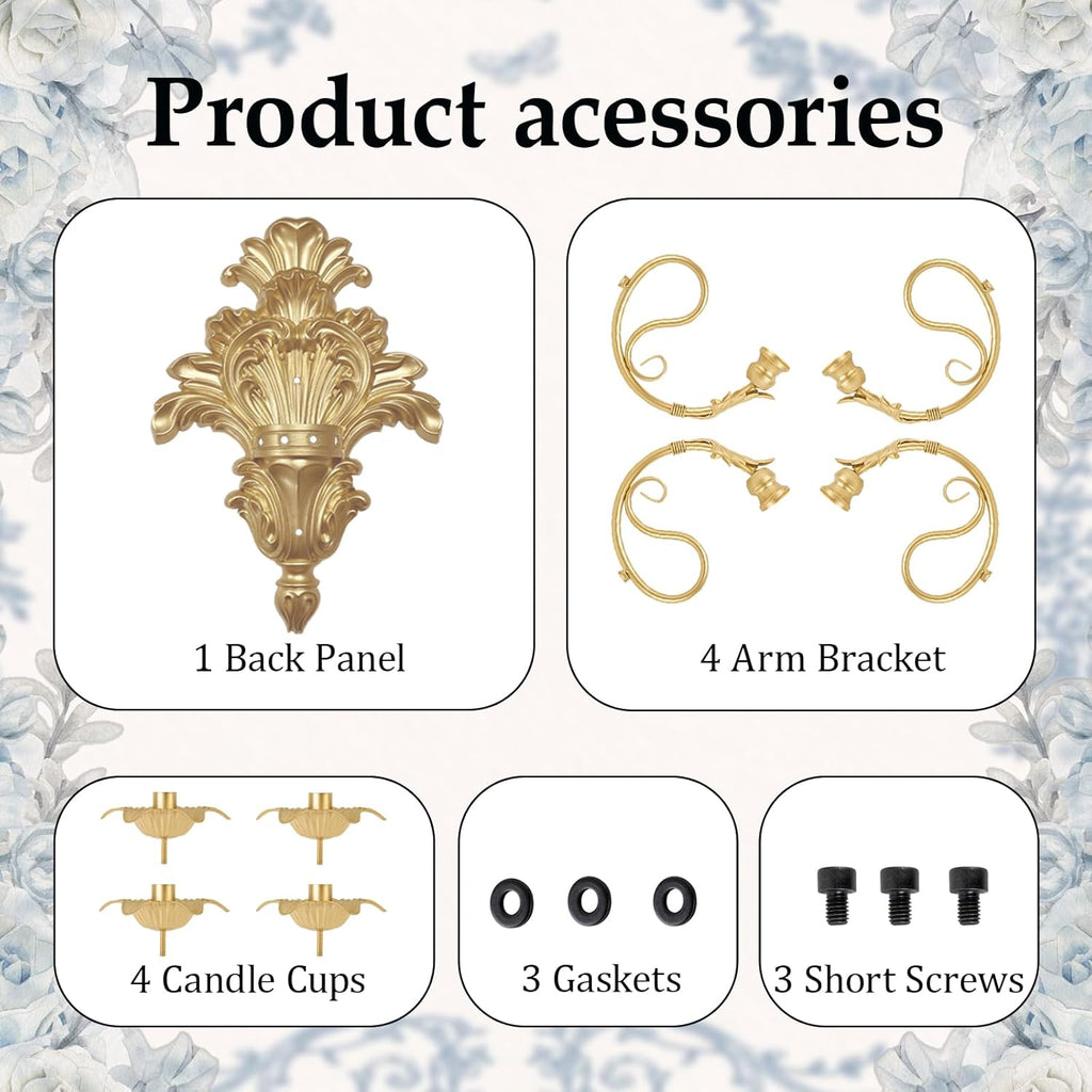 Roman Fountain Wall Sconce - 4-Candle Gold Baroque Candelabra | Antique Metal Tapered Candle Holder for Victorian Decor