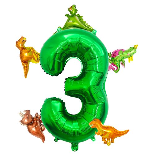 LilyZheng Large Dinosaur Balloon Number 3, 40 Inch Dark Green Foil Balloon and 5 Mini Dinosaur Balloons for 3rd Dino Birthday Decorations and Dino Party Supplies Boys and Girls