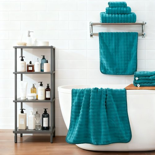 COZYART Lint Free Towel Sets 8 Pcs Teal, Super Soft, Thick, Absorbent & Quick Dry Microfiber 3D Bubble Bathroom Daily Use Set with 2 Bath Towels, 2 Hair Towels, 2 Hand Towels, 2 Washcloths