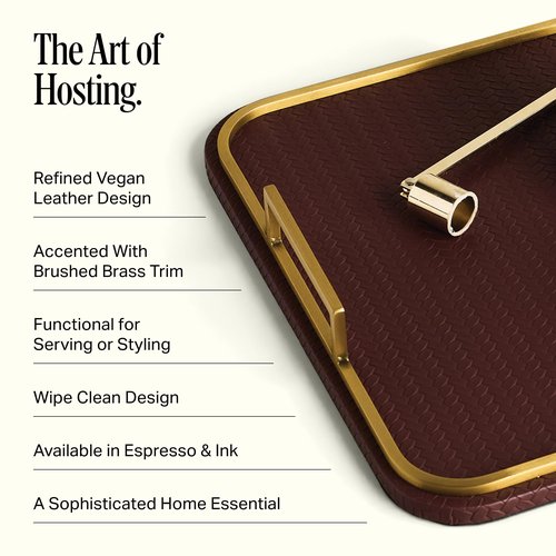 Preston Lane Mayfair Decorative Tray – Vegan Leather with Woven Texture, Brushed Brass Handles – Serving, Dresser & Coffee Table Tray, Espresso