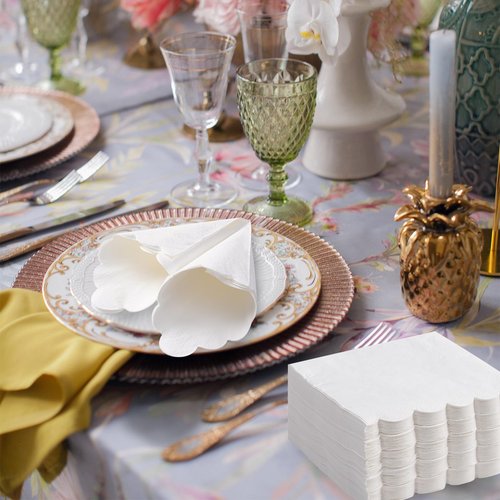 100 White Scalloped Cocktail Napkins, 3 Ply 5 x 5 Inch Beverage Napkins Paper Napkins Disposable Luncheon Napkins for Wedding Birthday Party Bridal Anniversary Baby Shower