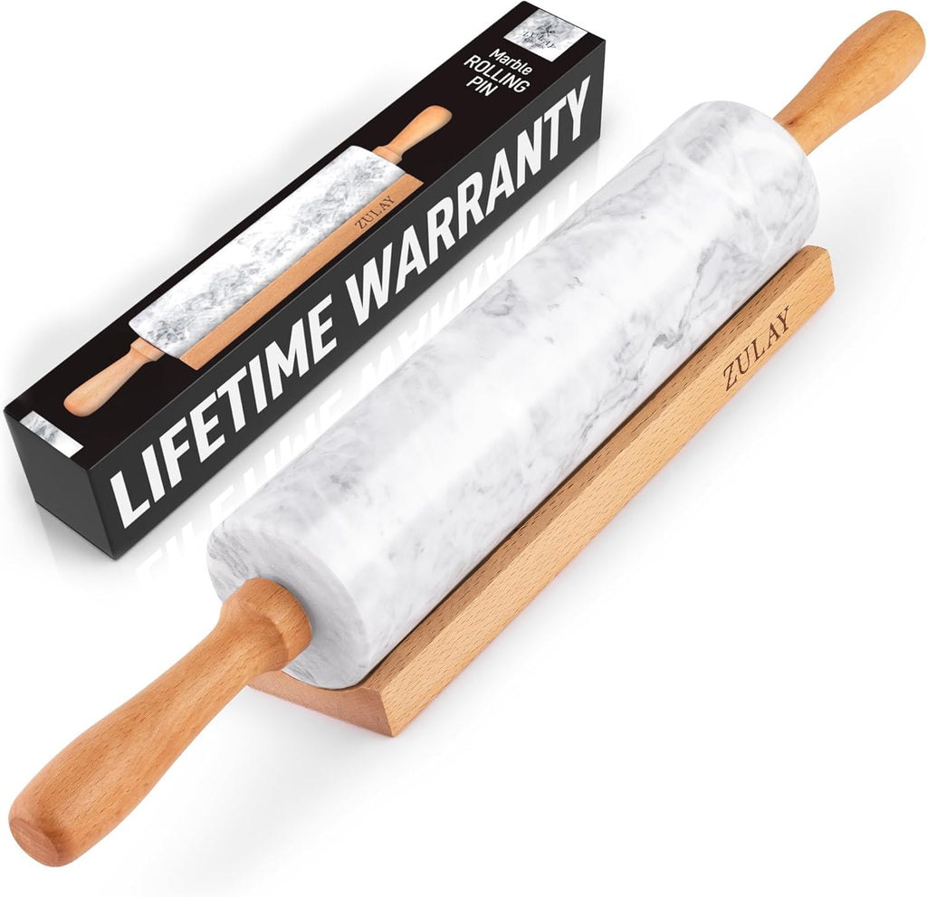 Zulay Kitchen Marble Rolling Pin - 17-Inch Polished Design with Beechwood Handle | Non-Stick Baking Tool