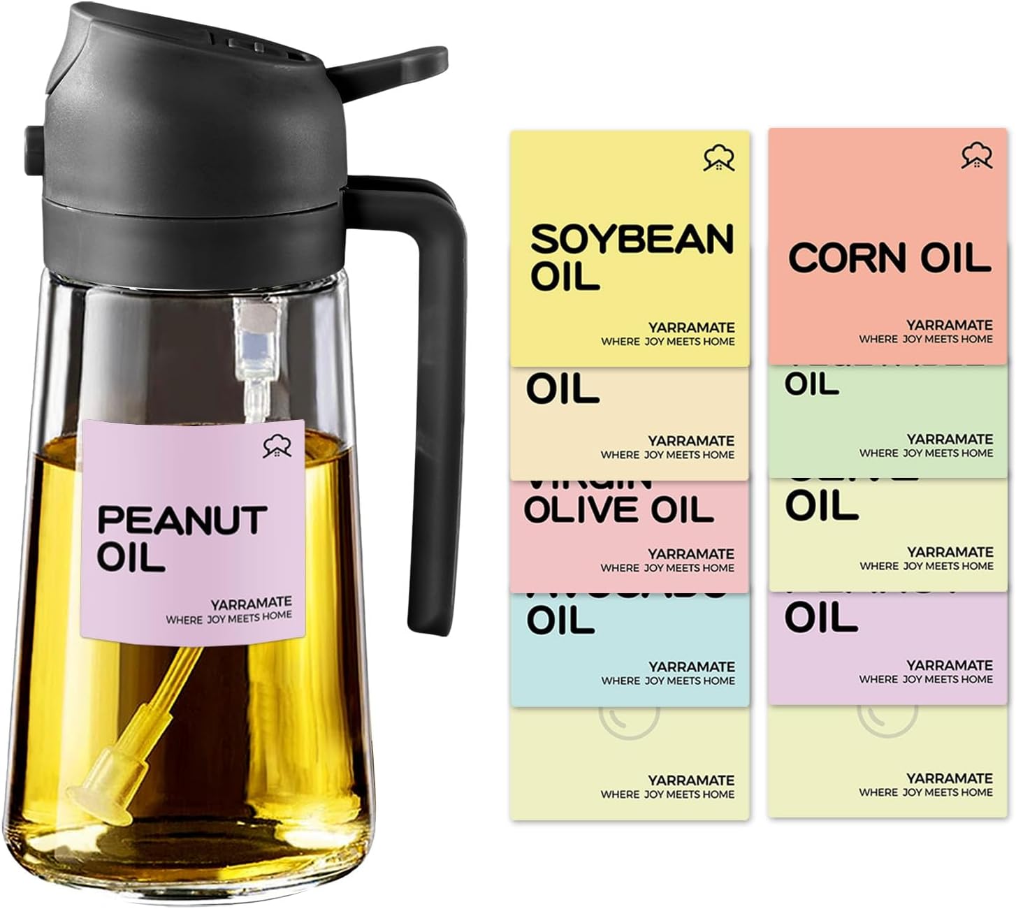 YARRAMATE Glass Olive Oil Sprayer - 16oz with 10 Color Labels - Sleek Black Design