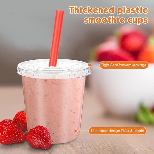 Ziliny 50 Sets Clear Cups with Lids and Jumbo Smoothie Straws Disposable Plastic Cups for Smoothies, Bubble Milk Tea, Milkshakes, Cold Drinks(12 oz)