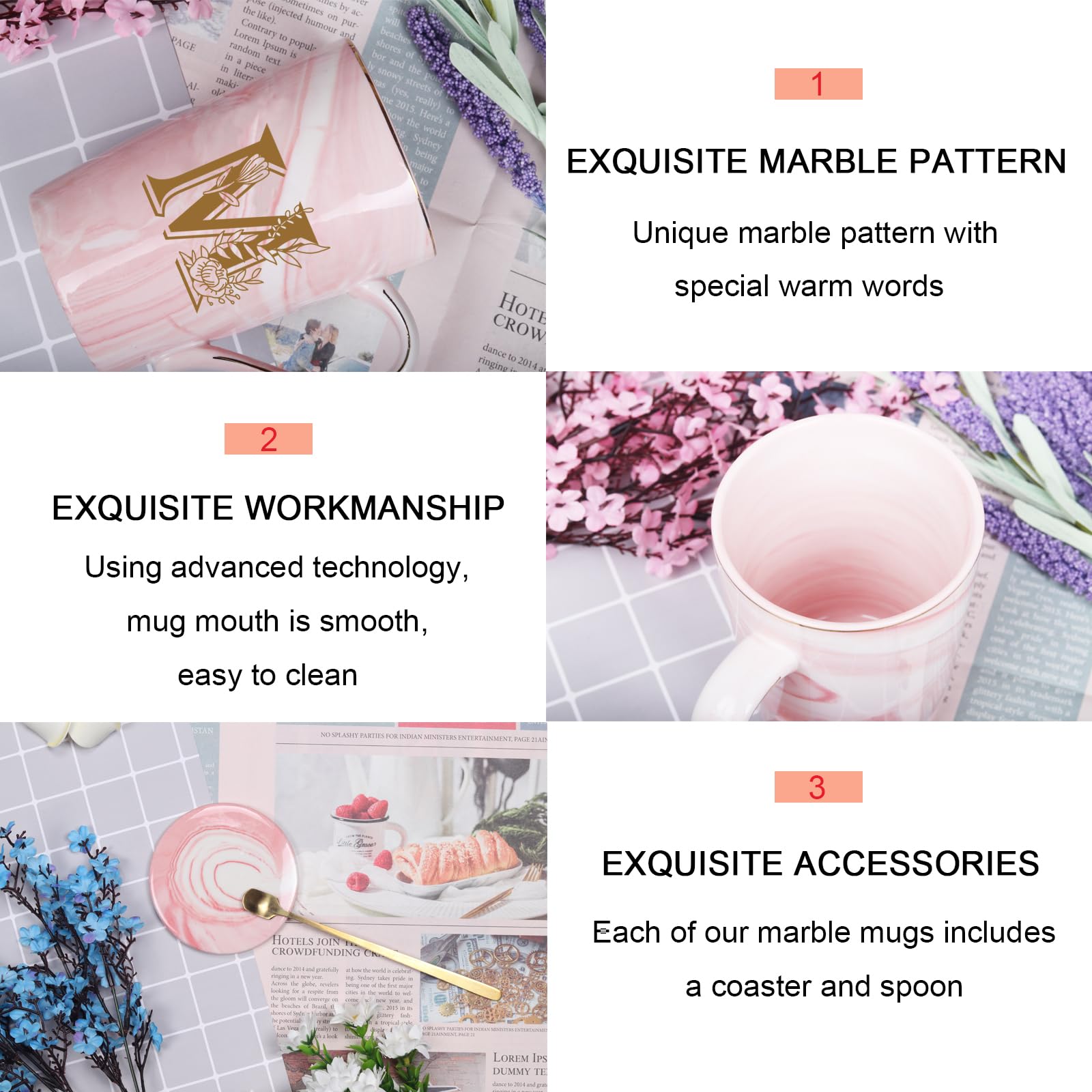 WENSSY Pink 14 Ounce Letter M with Flower Personalized Initial Mugs, Novelty Coffee Mugs for Women, Bridal Shower Gifts, Dishwasher Safe Porcelain Mug