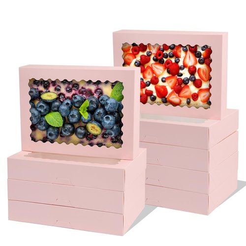 PFAMKEER Cookie Boxes,14x10x2.5 Inch Large Bakery Boxes with Window for Pies Chocolate Strawberries Muffins Donuts Pastry Dessert Christmas(Pink, 14 * 10 * 2.5inch/24pcs)