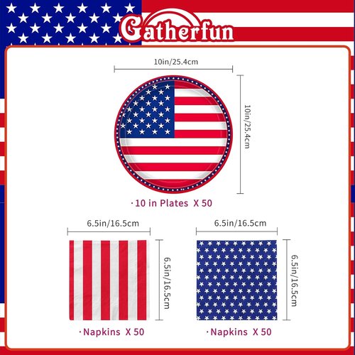 Gatherfun American Flag Party Supplies - Disposable Napkins & Plates for 4th of July | Serves 50