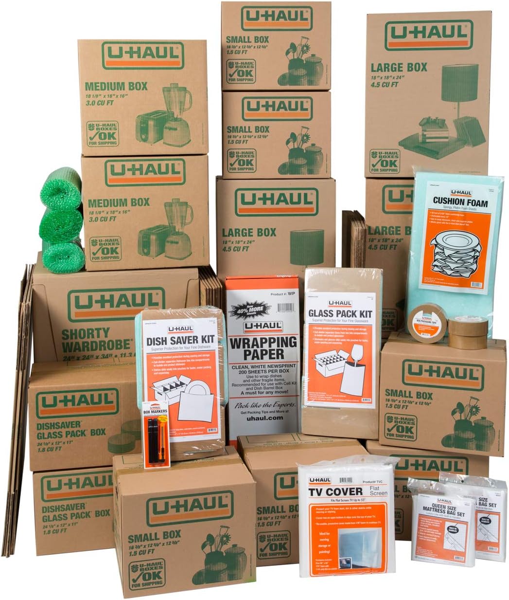 U-Haul Moving Kit - 36 Boxes, Wardrobe & Dish Packing Kits, Mattress Bags & Tape Included