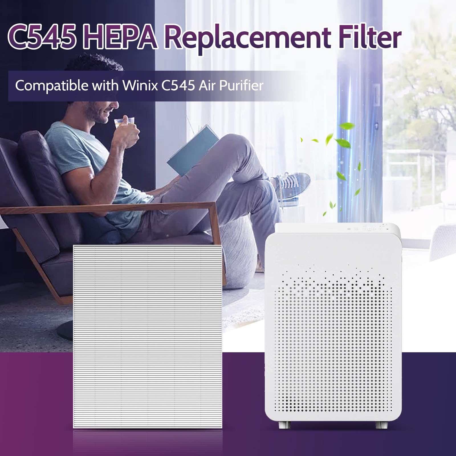 XBGG 2 Pack C545 HEPA Replacement Filter S Compatible with Winix C545 Air Purifier, Replaces Part 1712-0096-00 and 2522-0058-00, 2 HEPA Filter + 8 Pre-Filters