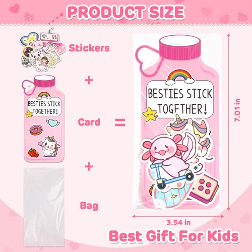 48 Packs Valentines Cards for Kids Classroom, Water Bottle Card with 200 Pcs Assorted Stickers, Valentines Day Exchange Gifts for Kids, Ideal Cards for Boys & Girls, Valentine’s School Prize