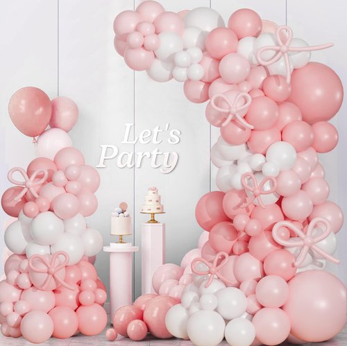 Pink Bow Balloon Arch Kit,130 PCS Coquette Birthday Decorations, Pastel Pink and White Garland Include Light blush Coquette Bow Balloon for Wedding Bridal Baby Shower Girls' Birthday Decoration