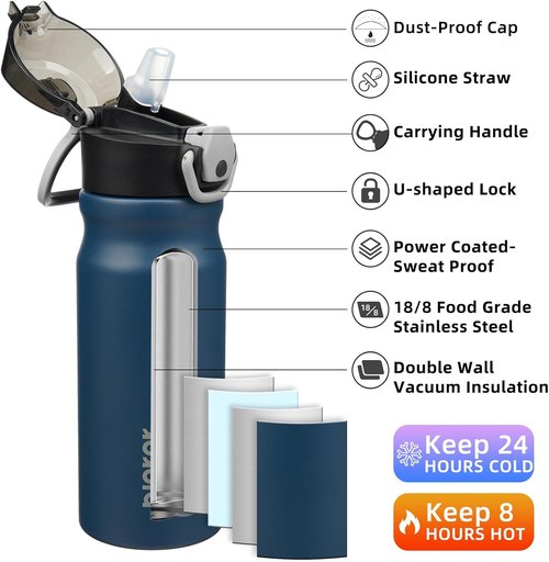 BJPKPK Insulated Water Bottle - 18oz Stainless Steel Flask with Straw & Carry Handle | Navy Blue