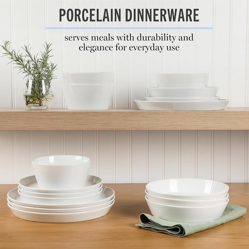 Martha Stewart Selma Dinnerware Set - Chip & Scratch Resistant, 16-Piece Service for 4 | White Plates & Bowls, Dishwasher & Microwave Safe