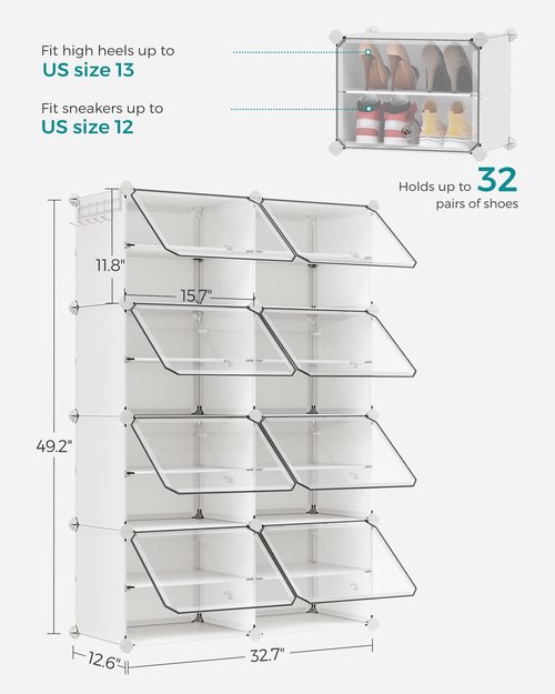 SONGMICS Shoe Rack Organizer, 8-Tier Shoe Storage Cabinet for Closet and Entryway, Holds 32 Pairs of Shoes, Adjustable, Cloud White and Trasparent ULPC034W01