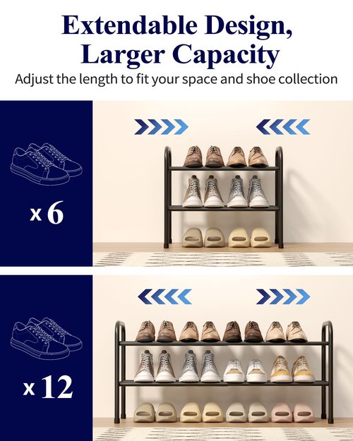 Kitsure Extendable Shoe Rack - 2-Tier Adjustable Metal Shoe Organizer, Sturdy Rust-Resistant Shoe Shelf for Entryway, Closet, or Bedroom, 17.5"–32.6" x 9.1" x 15.4", Black
