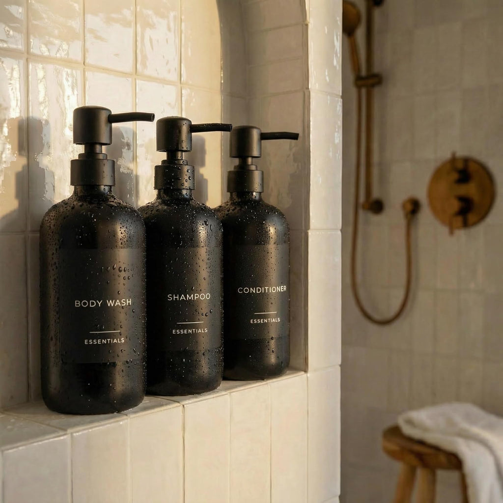Stylish Shampoo & Conditioner Dispenser Set - Modern 21oz Pump Bottles with Labels | Easy Refill for Bathroom Decor - Black