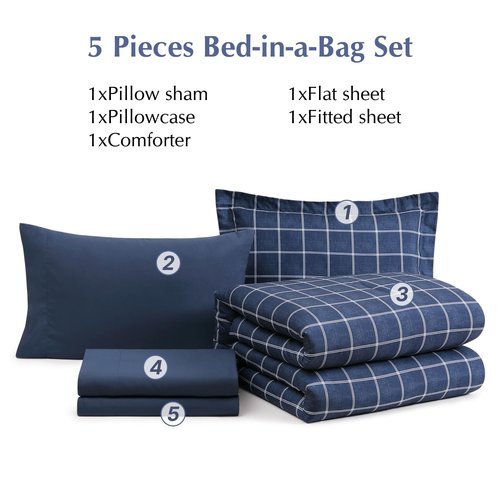 AMBERSPACE Plaid Twin XL Comforter Set Dark Blue, Reversible Checkered Bedding Set 5 Pieces for Boys Girls Teen, Lightweight Bed in a Bag for Dorm with Sheets, Pillowcase & Sham