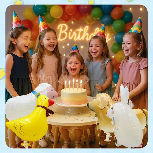 8-Pack Walking Farm Animal Balloons | Farm Theme Party Decorations for Kids' Birthdays, BBQs & Farmhouse Events | Reusable Foil Balloons with Ribbon
