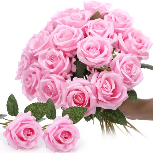 Thiccywoov 30 Pcs Rose Artificial Flowers in Bulk Real Touch Long Stem Silk Roses Bouquets Realistic Faux Flowers for Wedding Bridal Shower Home Decor Floral Arrangements Table Centerpiece(Pink)