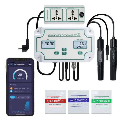JuviPerpric 3-in-1 WiFi Smart Water Quality Tester, High Precision pH/EC/Temp Monitor with BNC Probe Real-Time APP Alerts & Data Export, pH Controller for Aquarium, Pool, Drinking Water, Lab