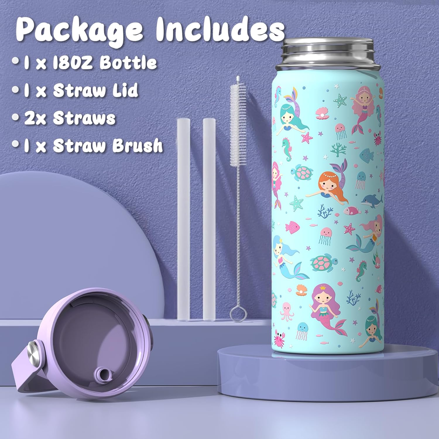 Skiennix 18oz Kids Insulated Water Bottle - BPA-Free Stainless Steel, Leak-Proof, Purple Mermaid