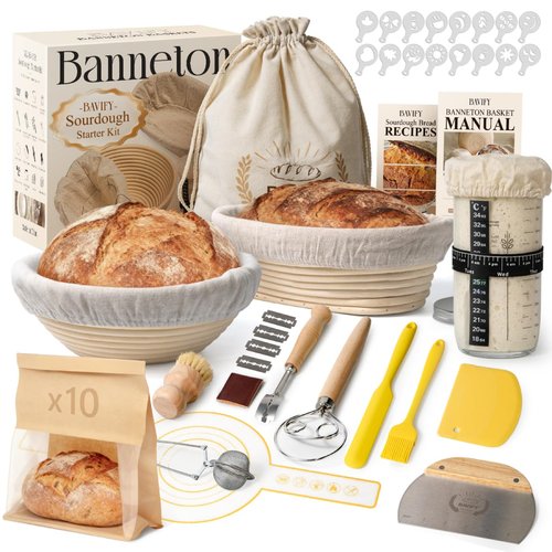 BAVIFY Sourdough Starter Kit, 9" Round & 10" Oval Banneton Bread Proofing Baskets Set with Jar, Sourdough Bread Baking Supplies Bread Making Tools, Sourdough Kit Gifts for Bakers Women