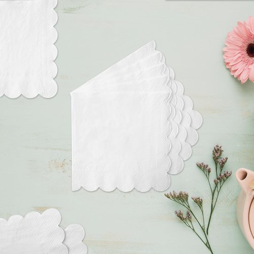 100 White Scalloped Cocktail Napkins, 3 Ply 5 x 5 Inch Beverage Napkins Paper Napkins Disposable Luncheon Napkins for Wedding Birthday Party Bridal Anniversary Baby Shower