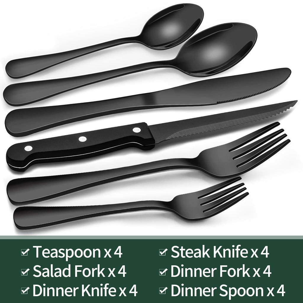 EWFEN 24-Piece Black Silverware Set with Steak Knives, Black Flatware Set for 4, Food-Grade Stainless Steel Tableware Cutlery Set, Mirror Finished Utensil Sets for Home Restaurant, Round Edge