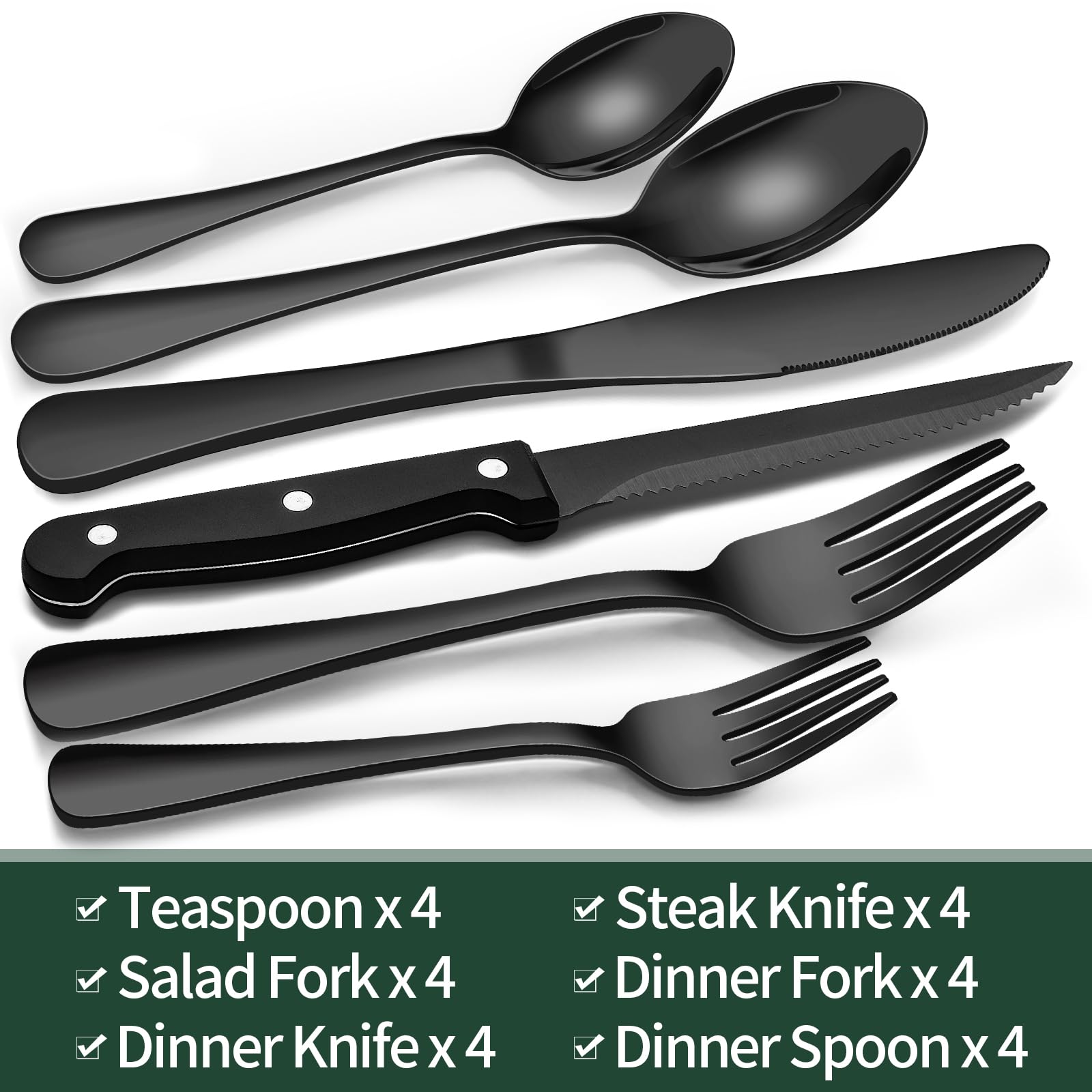 EWFEN 24-Piece Black Silverware Set with Steak Knives, Black Flatware Set for 4, Food-Grade Stainless Steel Tableware Cutlery Set, Mirror Finished Utensil Sets for Home Restaurant, Round Edge