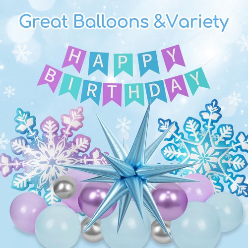 Frozen Birthday Party Decorations with Metallic Purple Pastel Blue Silver Confetti Balloons for Snowflake Frozen Baby Shower Birthday Party Decorations
