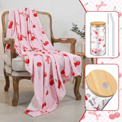 Yetene Pink Cherry Bow Party Favor Include Glass Cup and Blanket Set Pink and Red Cherry Stuff for Women Cute Birthday Gift for Women Sister Her Home Bedroom Sofa Decor Galentines Day Favors