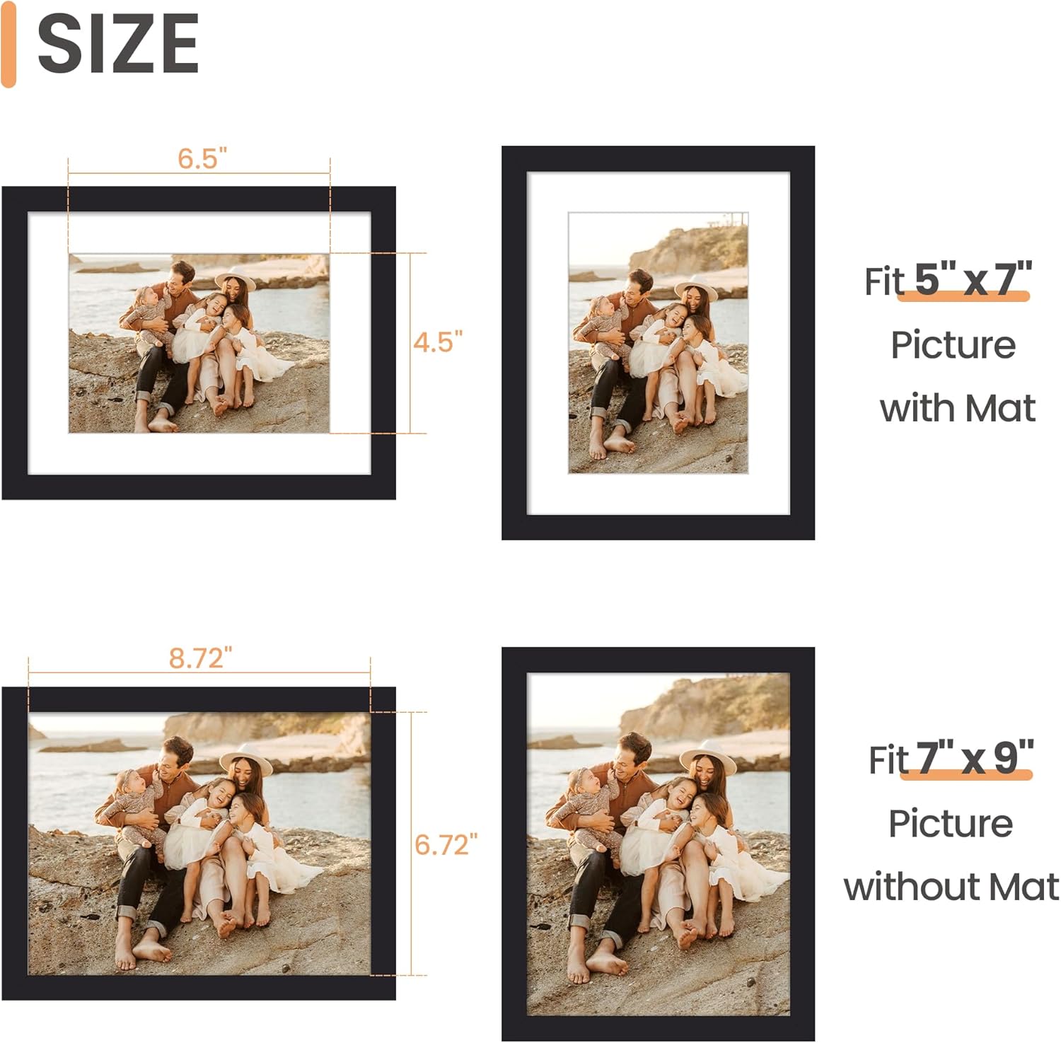 Upsimples 7x9 Picture Frame - Versatile Display for 5x7 Photos with Mat or 7x9 Without - Black