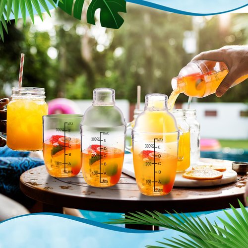 Lallisa 30 Pcs Plastic Cocktail Shaker Set Drink Mixer Clear Shaker Cup with Measurements Scales and Strainer Plastic Mixing Tool for Ice Tea Coffee Bar Bubble Milk Christmas Gift