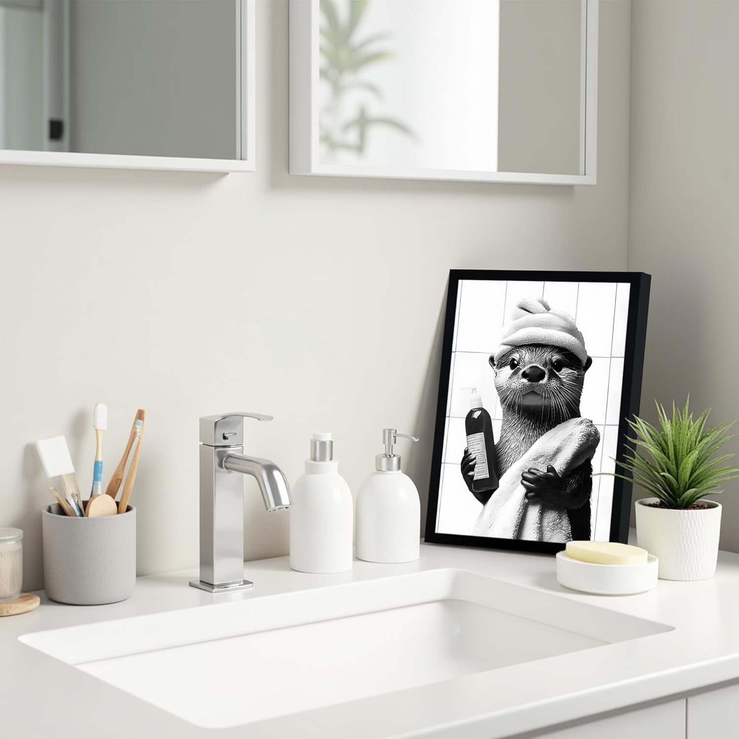SYWENNOI Framed Black and White Bathroom Canvas Art - Funny Otter Bath Decor | Ready to Hang 8x10 Inches