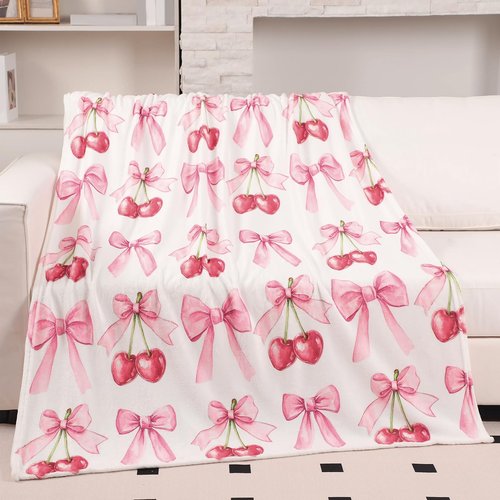 HunnmingRe Pink Bow Cherry Blanket Coquette Soft Flannel Lightweight Blanket Bows Aesthetic Preppy Cute Fuzzy Room Decor for Spring Mother's Day Bedroom Sofa Travel Bed, 50 x 60 Inch