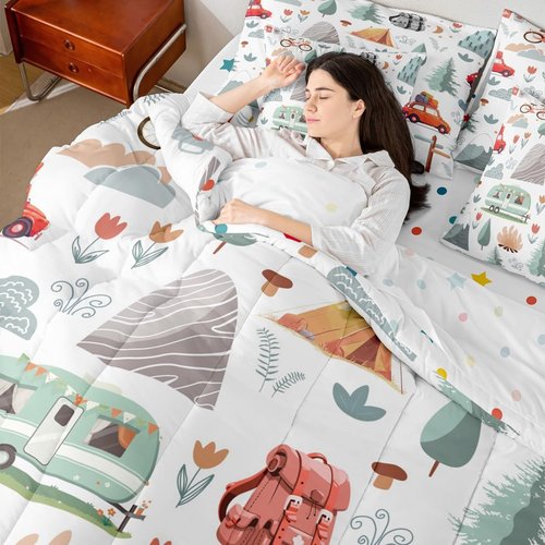 Erosebridal Kids Camper Theme 7 Pcs Comforter Set Twin Bed in a Bag,Happy Camping Bedding Set,Travel Car Rv Accessories Down Comforter,Botanical Flowers Mountain Adventure Quilt,Cute Camper Sheets