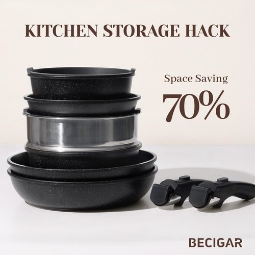 BECIGAR 21PCS ceramic cookware set,Nonstick ceramic pan, Removable Handle pots and pans set, Stackable Pan Set, Nonstick Pots and Pans Set Non Stick(Black)
