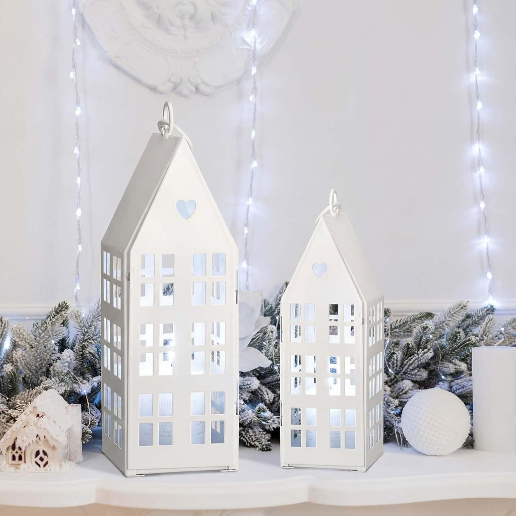 SiliFine White Farmhouse Village Set - 2 Rustic Houses with 2 White Candles | Modern Lantern Decor for Home & Events
