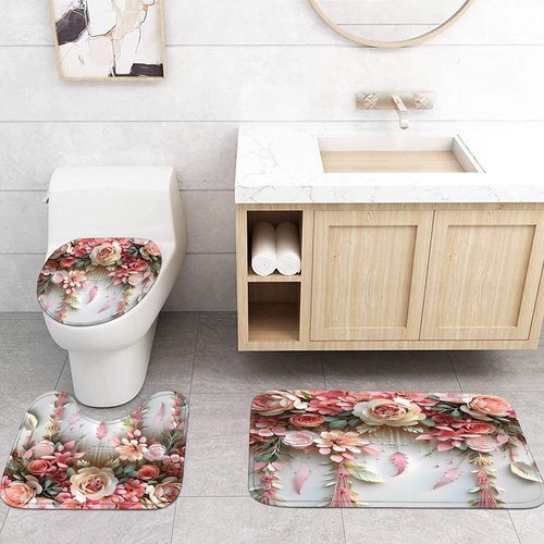 DDQQ Pink Flower Bathroom Shower Curtain Set, Romantic and Cute Rose Floral Polyester Bathroom Decor Set with Shower Curtain and Rugs and Accessories