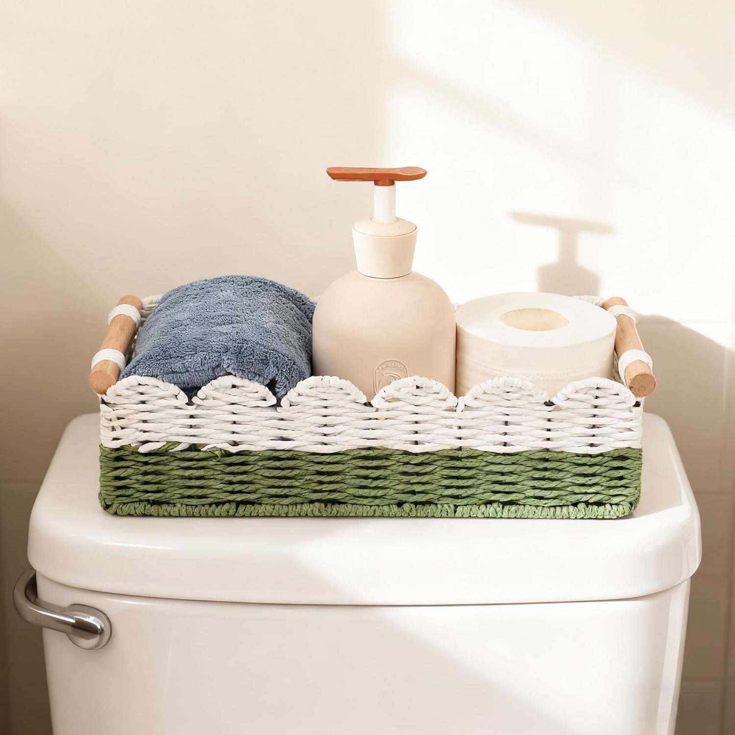 Regine Switzerland Scalloped Edge Toilet Paper Storage Basket - Handwoven Paper Rope for Stylish Bathroom Decor | Includes 2 Wooden Handles