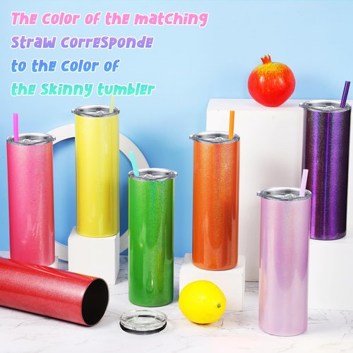 Potchen 12 Packs Glitter Skinny Tumblers with Lids and Straws Bulk, 20 oz Stainless Steel Double Wall Vacuum Insulated Cup Coffee Tumbler Travel Water Mug for Hot Cold Drink, Rainbow Colors