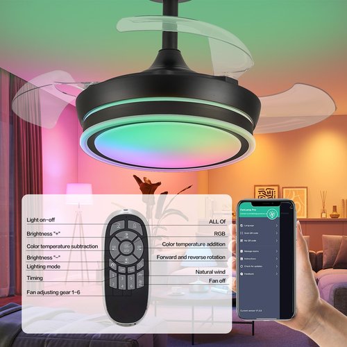 Zynfandor 30" RGB Retractable Fandelier Ceiling Fan Dimmable Chandelier Ceiling Fans with Lights and Remote APP Control for Living Dinning Room Bedroom Black
