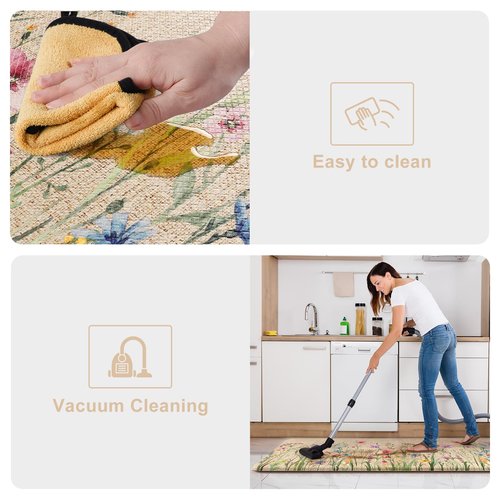 KIMODE Anti Fatigue Mats for Kitchen Floor 17"x59"+17"x29", Farmhouse Floral Kitchen Rugs, Cushioned Memory Foam Kitchen Mats, Comfort Standing Mat for Laundry, Office, Sink, Desk Brown