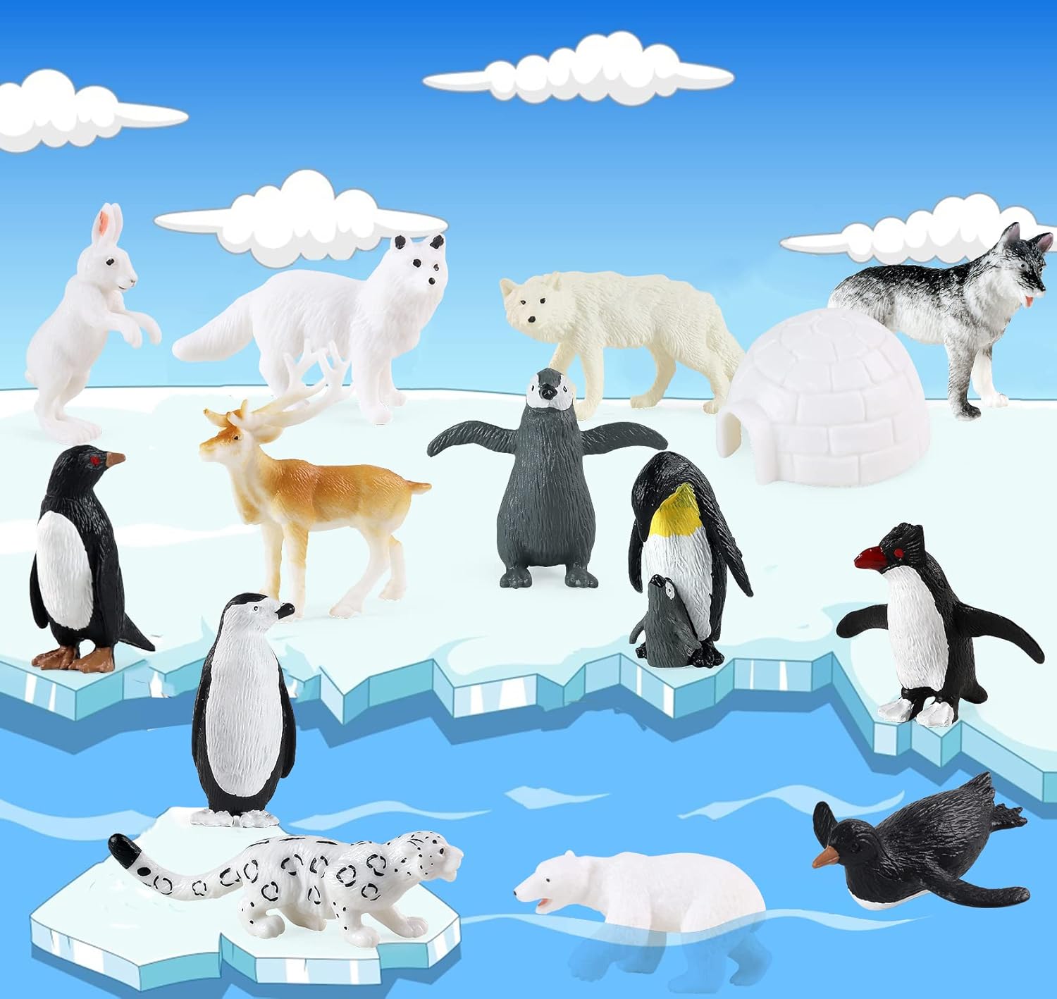 RCOMG Arctic Animal Figurines - 14-Piece Mini Polar Animal Toy Set with Fox, Wolf, Reindeer & Penguins