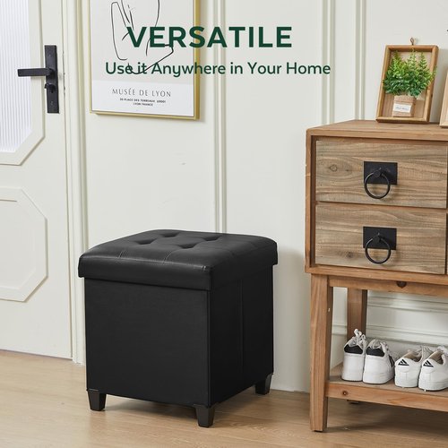 FIMIVIBI 17.7" Ottoman with Storage, Square Storage Ottoman for Dorm, Faux Leather Ottomans with Legs for Living Room, Bedroom, Black