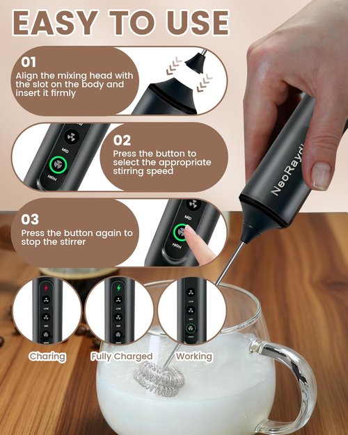 NeoRaydia Rechargeable Electric Milk Frother Handheld, 3-Speed Wireless Preventing Splashing Drink Mixer with Stand, 10-Second Frothing for Coffee, Matcha, Latte, Cappuccino, and Protein Shakes, Black