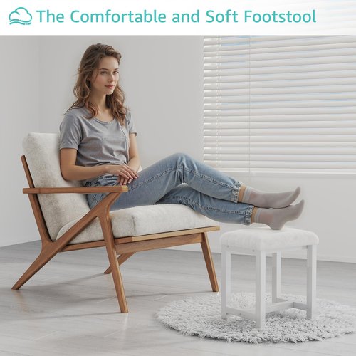 Small Vanity Stool, Cute Vanity Stools with Soft Faux Rabbit Fur Cushion, White Makeup Vanity Chair for Small Spaces, Living Room, Bedroom, Entryway, Ottoman Foot Rest for Couch Sillas Modern