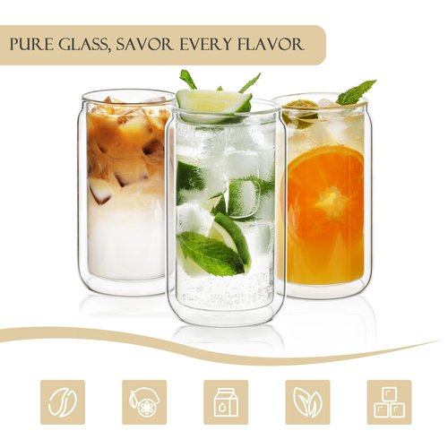 LIBWYS 12oz Double Wall Drinking Glass Cups with Bamboo Lids and Straws, 2 Pc Set – Condensation Resistant Insulated Glass Can Tumblers for Cold Drinks, Iced Coffee, Tea, Juice, Cleaning Brush