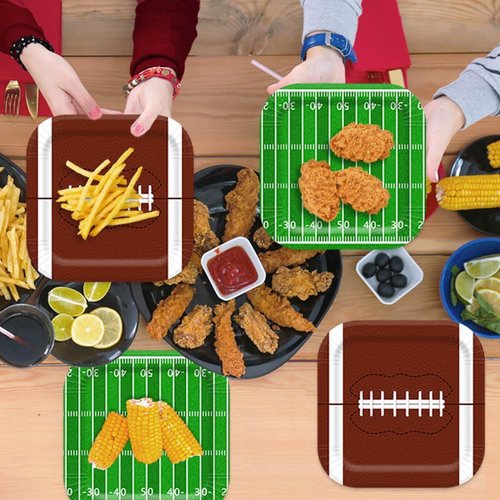 Vanulus 48Pcs Football Party Paper Plates 9 Inch Football Birthday Dinner Plates Disposable Super Sunday Touchdown Square Dessert Plates for Tailgate Party Tableware Supplies